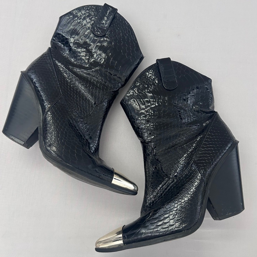 Western Cowboy Boots Womens 39 Black Embossed Snakeskin Leather Silver Toe Y2K